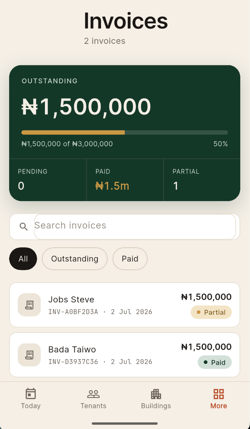 Hard Asset mobile invoices — outstanding, pending, paid, partial