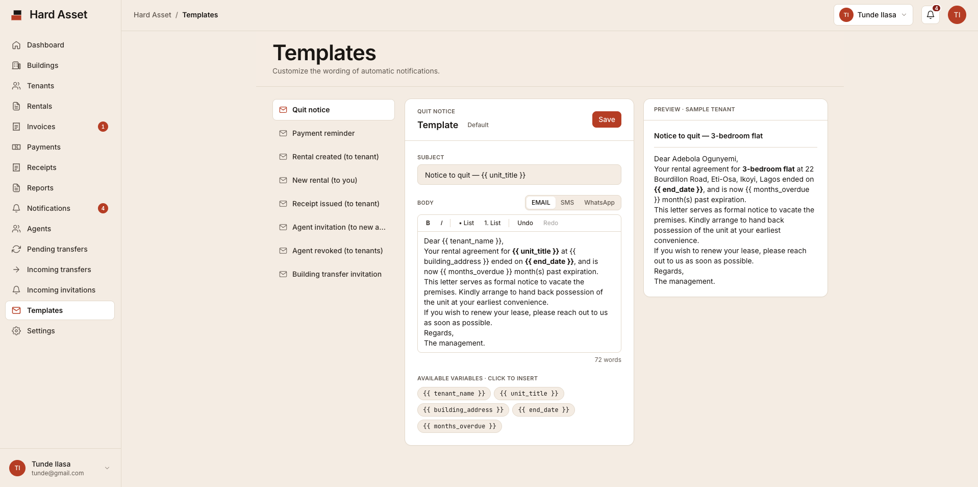 Hard Asset template editor with EMAIL, SMS and WhatsApp tabs